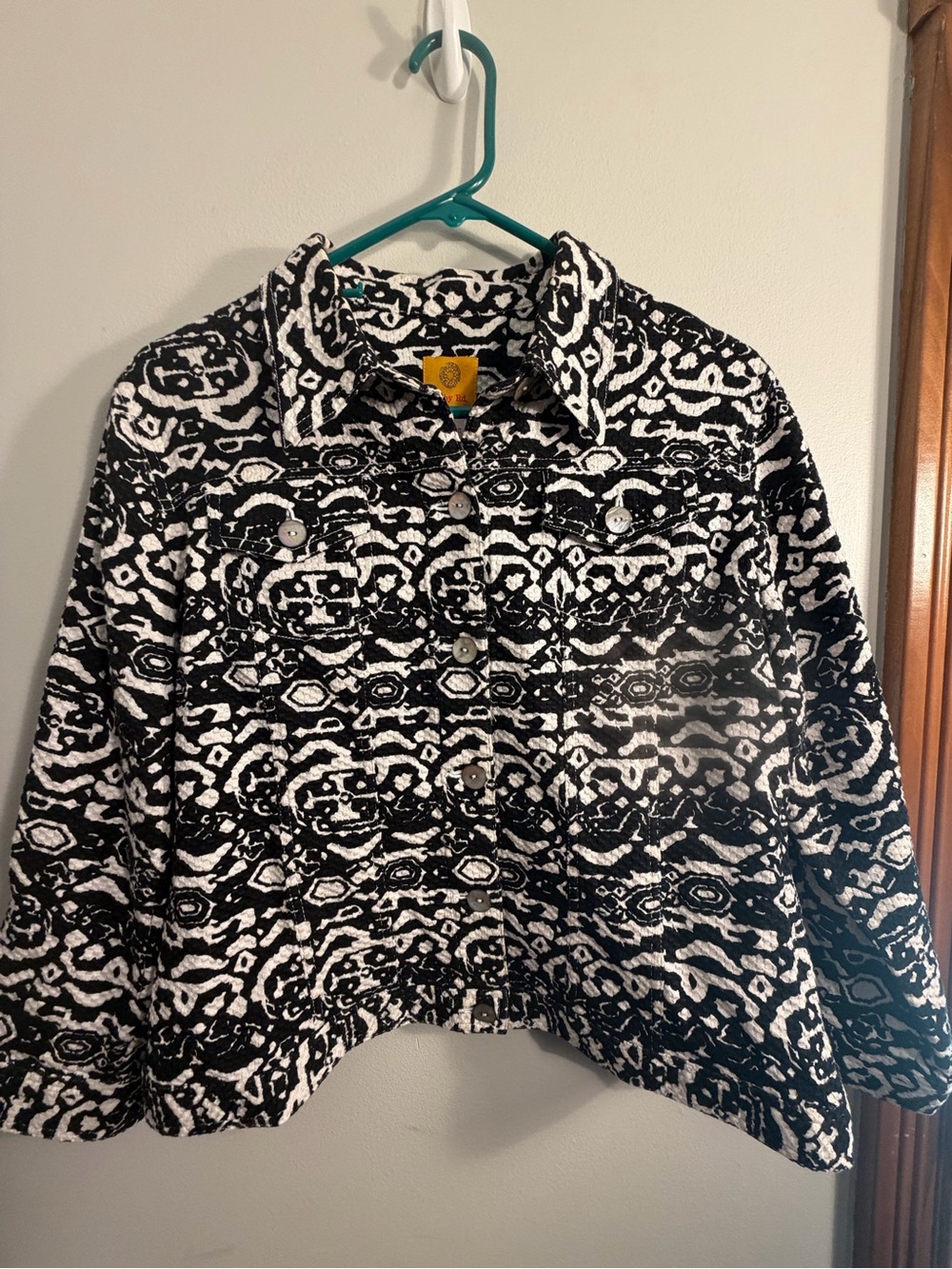 Ruby Rd. Black & White Abstract Geometric Jean Style Jacket Sz 12